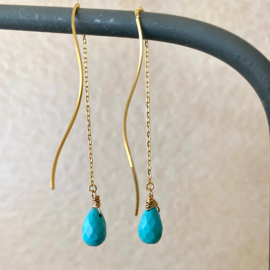 Turquoise threader earrings featuring Arizona briolettes, showcasing their unique colors and elegant design.