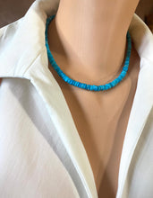 Carica l'immagine nel visualizzatore di Gallery, Faceted Turquoise Howlite Necklace, 6mm Heishi Indian Cut Beads, Oxidized Silver Diamond Pavé Clasp with Turquoise, 17.5"