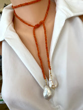 Load image into Gallery viewer, Bright Orange Carnelian & Two Baroque Pearls Lariat Necklace