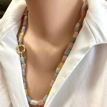 Load image into Gallery viewer, 23-inch Mixed Beryl Necklace showcasing Aquamarine and Morganite Tube Beads, Gold Plated Clasp