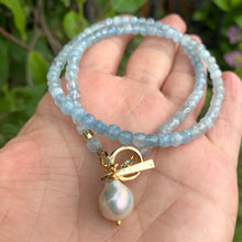 Load image into Gallery viewer, Aquamarine cube shape and Gold Plated Necklace with Small Baroque Pearl, 16 inches