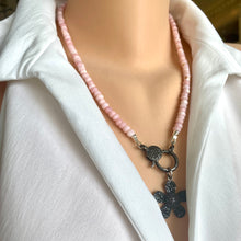 Load image into Gallery viewer, Pink Opal Necklace, Black Spinel Pave Clasp & Daisy Pendant