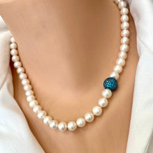 Carica l'immagine nel visualizzatore di Gallery, White Pearl Necklace, Turquoise Blue Cz Pave Bead & Magnetic Clasp