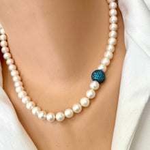 Carica l'immagine nel visualizzatore di Gallery, White Pearl Necklace, Turquoise Blue Cz Pave Bead & Magnetic Clasp