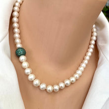 Carica l'immagine nel visualizzatore di Gallery,  White Pearls Necklace with Emerald Green Cubic Zirconia Pave Silver Ball Accent & Magnetic Clasp,18"in