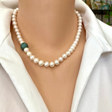 Carica l'immagine nel visualizzatore di Gallery, Elegant freshwater pearl necklace with green Cz pave ball, 18"inches long