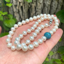 Carica l'immagine nel visualizzatore di Gallery, White Pearl Necklace, Turquoise Blue Cz Pave Bead & Magnetic Clasp