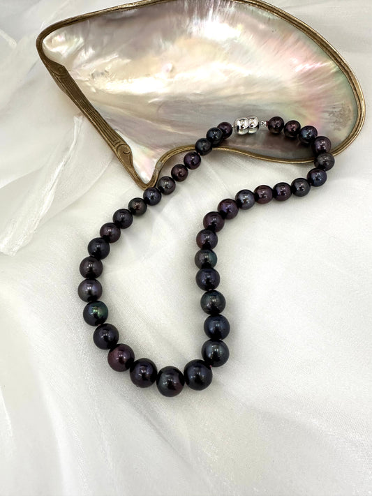 Black Pearl Necklace | Rhodium Plated Sterling Silver Magnetic Clasp, 16" or 17"