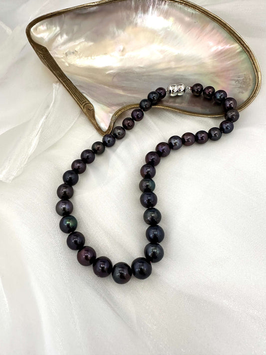 Black Pearl Necklace | Rhodium Plated Sterling Silver Magnetic Clasp, 16" or 17"