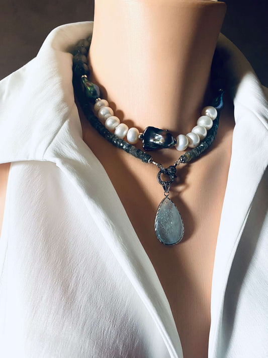 Labradorite Beaded Necklace with Oxidized Silver Pavé Clasp showcased on a mannequin's neck, highlighting elegant design and shimmer.