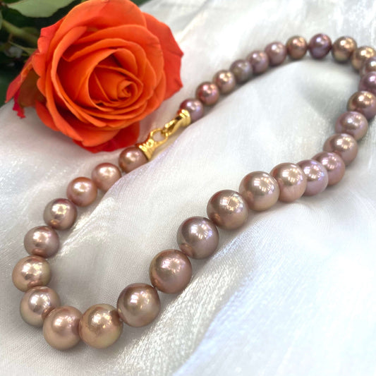Metallic Edison Pearl Necklace | 12–14mm, 18" Handcrafted Design with large pink pearls and a rose.