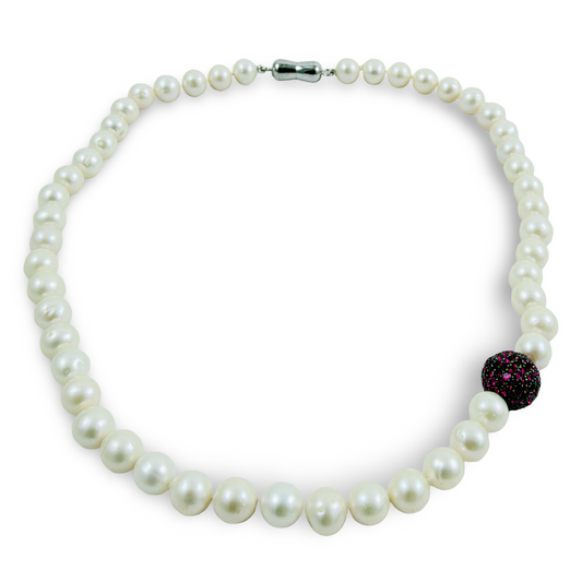 Pearl necklace with ruby red CZ bead, 17.5 inches and finished with a magnetic silver clasp