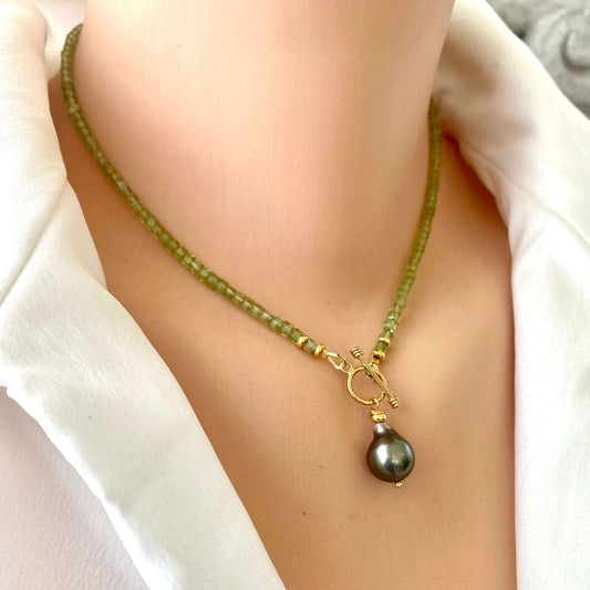 Peridot baroque pearl necklace featuring vibrant Peridot beads and a stunning Tahitian Baroque pearl pendant.