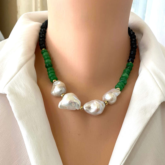 Short Green Jade & Black Tourmaline Pearl Necklace featuring luminous pearls and a bold design.