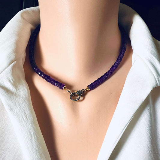 Purple amethyst gemstone necklace with diamond pavé gold vermeil clasp displayed on a mannequin.