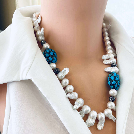 Close up baroque pearl jellyfish necklace draped on mannequin handmade in Canada