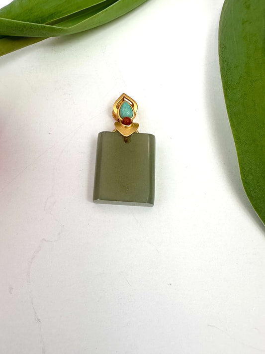 Hotan jade pendant with turquoise and red agate in gold vermeil, featuring smooth rectangular jade stone.