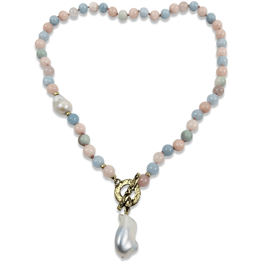 hand knotted morganite and aquamarine toggle necklace with white baroque pearl pendant