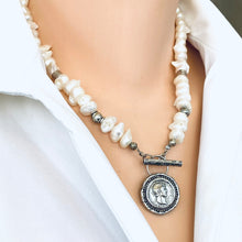 Carica l'immagine nel visualizzatore di Gallery, White Distressed Pearls Necklace with Repro Roman Coin Toggle Clasp