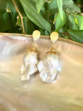 Load image into Gallery viewer, Handcrafted Baroque Pearl Gold Vermeil Earrings on white and green leaf backdrop — elegant pearl drop jewelry by Loulia Pearl Jewelry