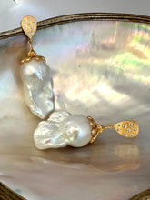 Load image into Gallery viewer, Close-up of Baroque Pearl Gold Vermeil Earrings on white pearl backdrop — handcrafted statement jewelry by Loulia Pearl Jewelry