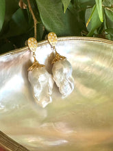 Load image into Gallery viewer, Baroque Pearl Gold Vermeil Earrings photographed with green leaves — gold vermeil and baroque pearls handcrafted by Loulia Pearl Jewelry