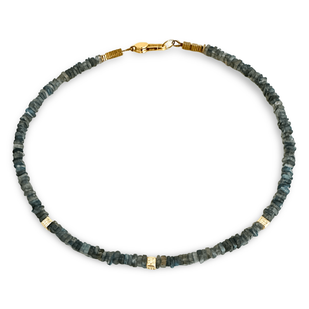 A beaded necklace made of small dark green and gray stone chips with gold spacer beads and a gold lobster clasp, shown on a plain white background.