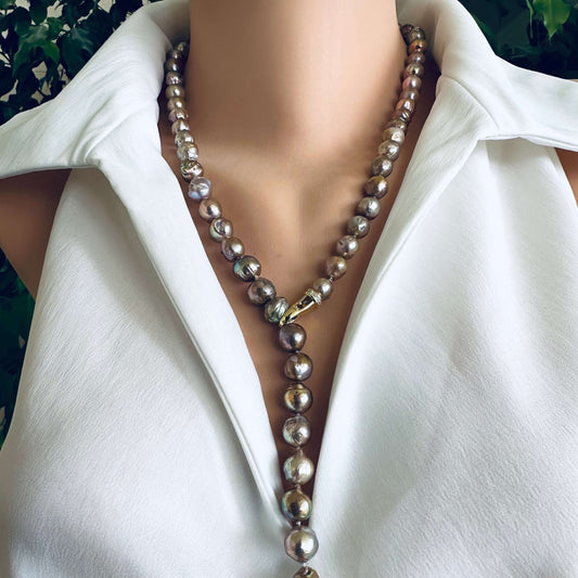 Pink Edison baroque pearl necklace worn as Y style with adjustable drop