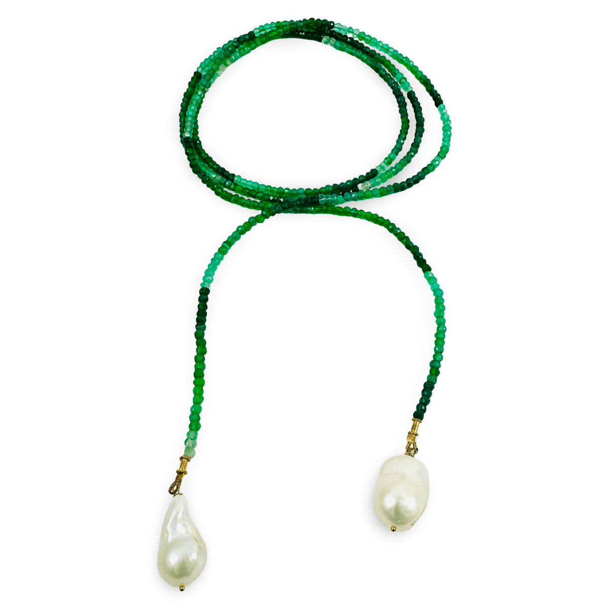 A beaded necklace featuring a gradient of green beads transitioning from dark to light, with two large, irregular white baroque pearls hanging from gold-toned clasps at the bottom.