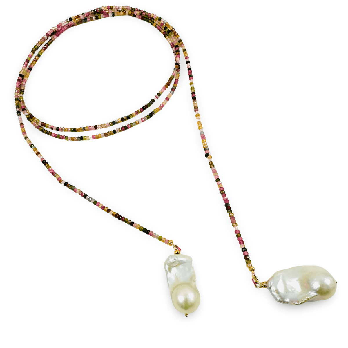 A multi-tourmaline beaded necklace with baroque pearl pendants, featuring a long strand of small multicolored beads and two larger white baroque pearls on a plain white background.