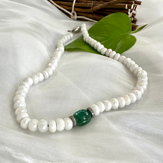 Emerald diamond choker necklace with white silverite beads emerald centerpiece and diamond pavé details