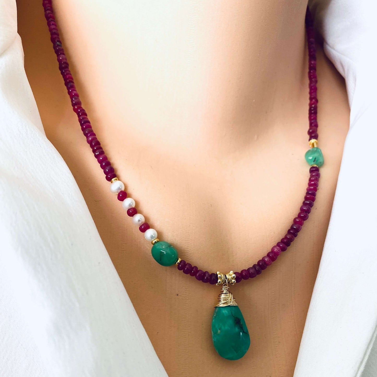 Chrysoprase ruby pearl necklace handmade in Canada with ruby beads chrysoprase pendant and pearls