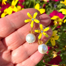 Load image into Gallery viewer, Edison white pearl and yellow citrine drop earrings featuring yellow enamel and gold-plated flower studs. These elegant dangle earrings make a beautiful bridesmaid gift or a special present for her.