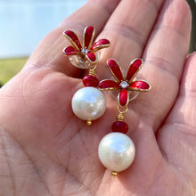 Load image into Gallery viewer, Edison white pearl and red coral drop earrings featuring red enamel and gold-plated flower studs. These elegant dangle earrings make a beautiful bridesmaid gift or a special present for her.
