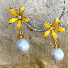 Load image into Gallery viewer, Edison white pearl and yellow citrine drop earrings featuring yellow enamel and gold-plated flower studs. These elegant dangle earrings make a beautiful bridesmaid gift or a special present for her.
