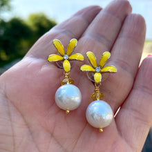 Load image into Gallery viewer, Edison white pearl and yellow citrine drop earrings featuring yellow enamel and gold-plated flower studs. These elegant dangle earrings make a beautiful bridesmaid gift or a special present for her.