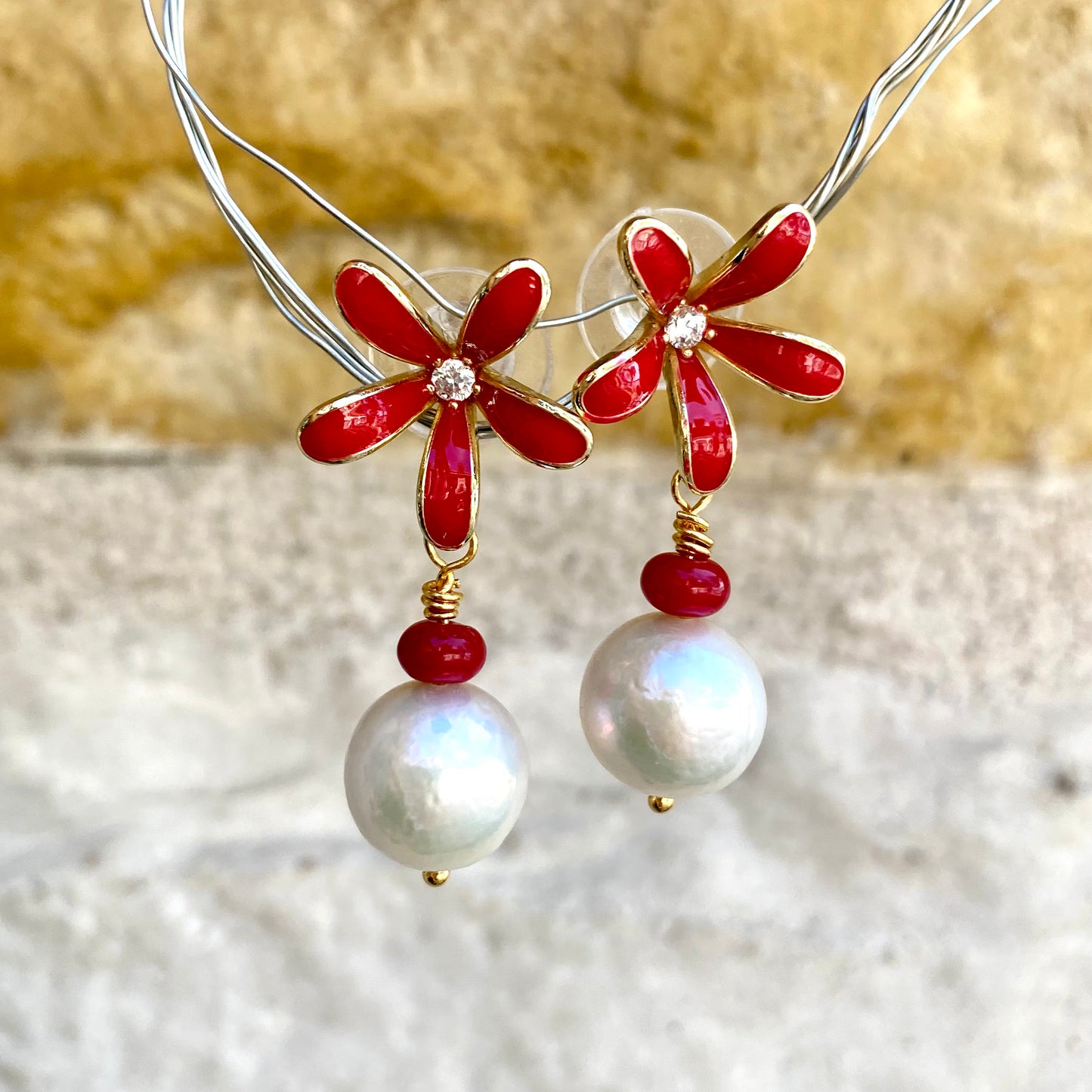 Edison pearl coral earrings with gold-plated details, red enamel flower studs, and white pearls