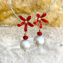 Load image into Gallery viewer, Edison white pearl and red coral drop earrings featuring red enamel and gold-plated flower studs. These elegant dangle earrings make a beautiful bridesmaid gift or a special present for her.