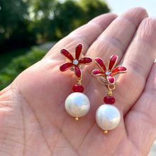 Load image into Gallery viewer, Edison white pearl and red coral drop earrings featuring red enamel and gold-plated flower studs. These elegant dangle earrings make a beautiful bridesmaid gift or a special present for her.