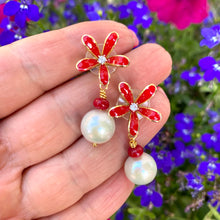 Load image into Gallery viewer, Edison white pearl and red coral drop earrings featuring red enamel and gold-plated flower studs. These elegant dangle earrings make a beautiful bridesmaid gift or a special present for her.