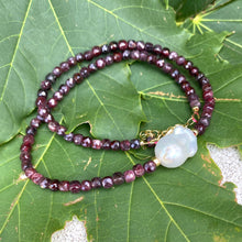 Carica l'immagine nel visualizzatore di Gallery, Stunning deep red  Necklace featuring faceted cube shape Garnet beads and a Large White Baroque Pearl centerpiece. A thoughtful January Birthstone Personalized Gift For Her. Crafted with gold filled, the necklace measures 16 inches in length