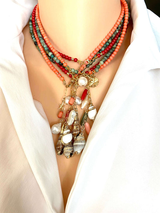 Red Coral Necklace with a tiny seashell & Pearl Pendant