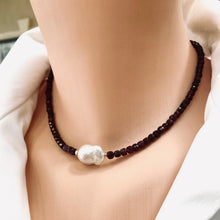 Carica l'immagine nel visualizzatore di Gallery, Stunning deep red  Necklace featuring faceted cube shape Garnet beads and a Large White Baroque Pearl centerpiece. A thoughtful January Birthstone Personalized Gift For Her. Crafted with gold filled, the necklace measures 16 inches in length