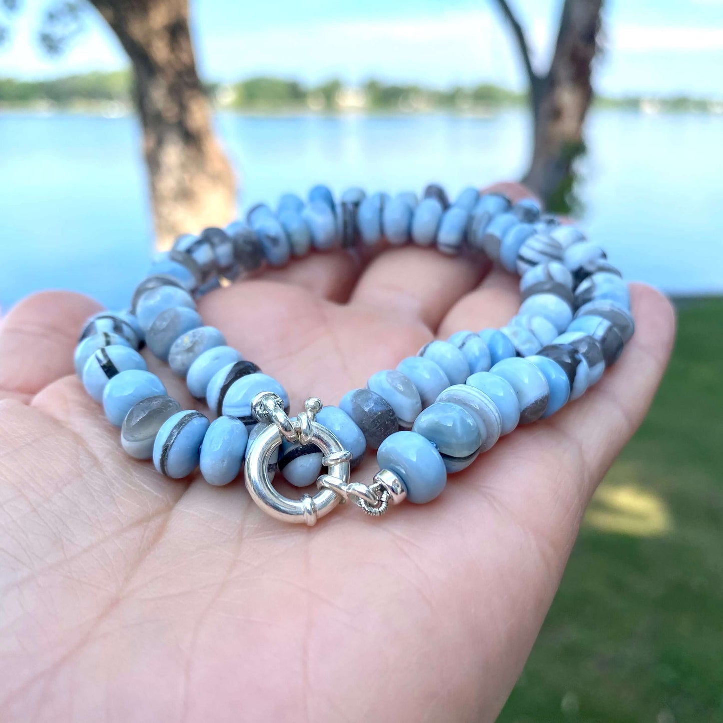 Blue boulder opal candy necklace handmade in Canada with sterling silver clasp