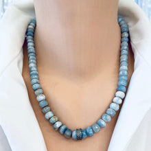 Load image into Gallery viewer, hand knotted and shaded blue boulder opal faceted rondelle beads necklace , with diamond pavé sterling silver embellishment ring in the center. Finished with silver marine closure. 19.5inches long.