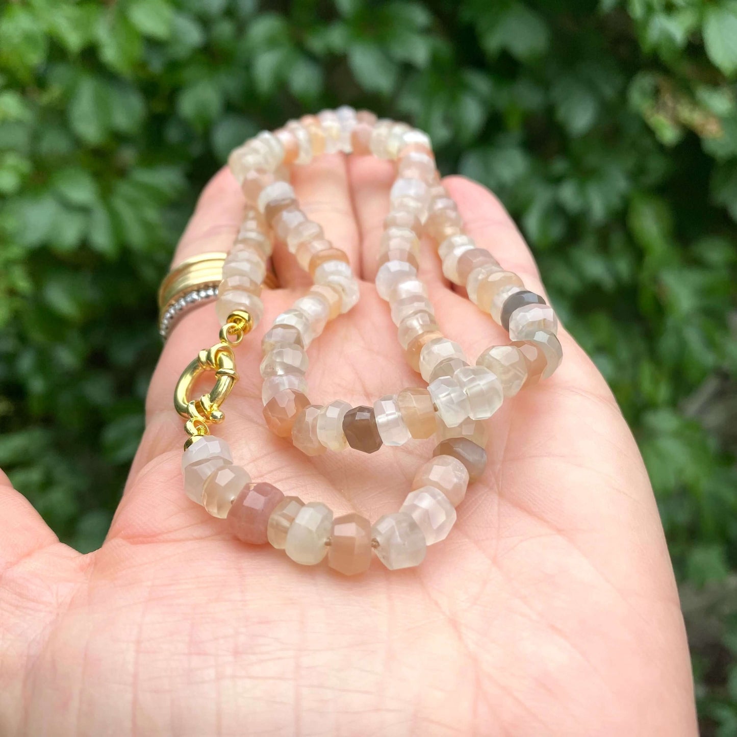Moonstone candy necklace showing natural variation in mixed moonstone gemstones