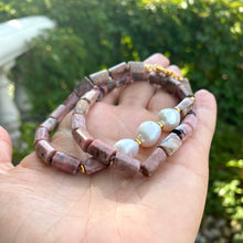 Load image into Gallery viewer, Rhodonite & Pearls Necklace, Gold