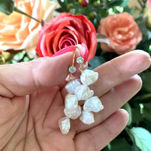 Load image into Gallery viewer, White Keshi Pearl Drop Earrings, composed of 14k gold filled Hook & blue Cubic zirconia Bezel