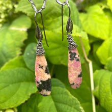 Load image into Gallery viewer, Teardrop Rhodonite Earrings, Black Rhodium