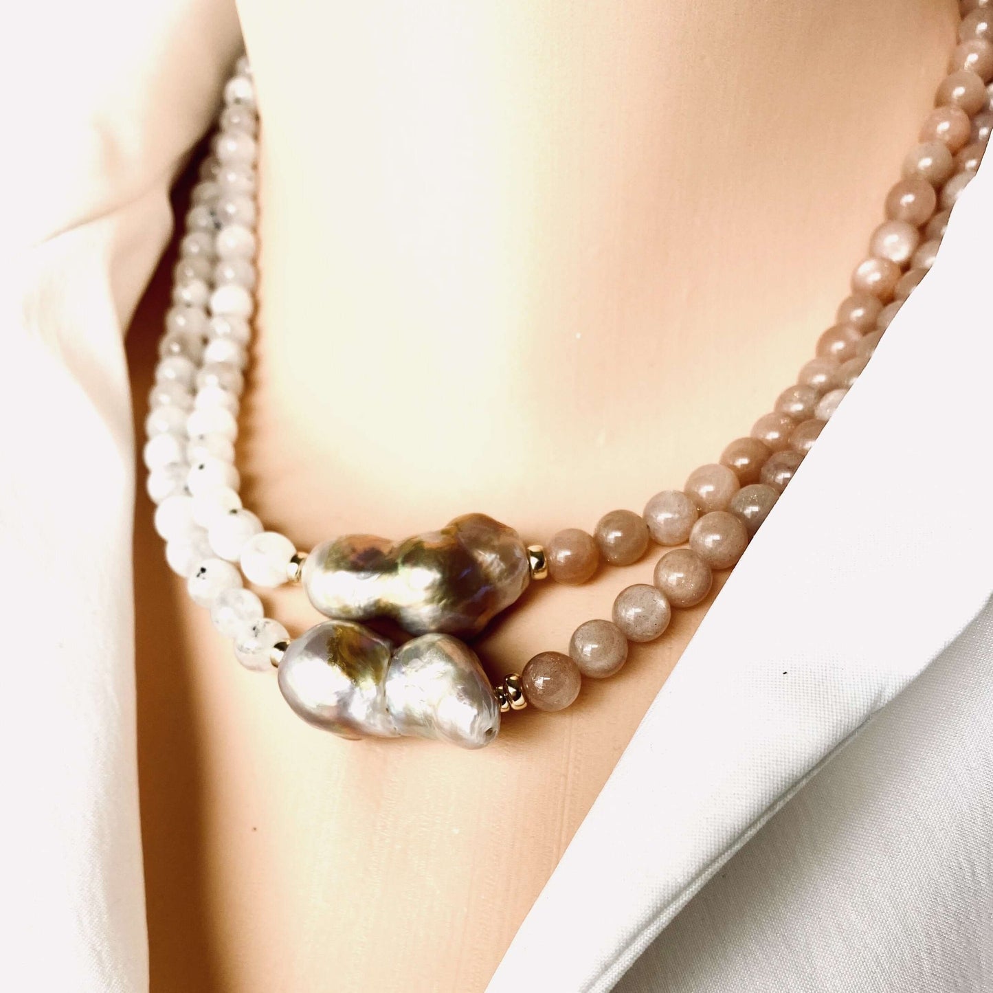 Sunstone, Moonstone & Lavender Baroque Pearl Necklace